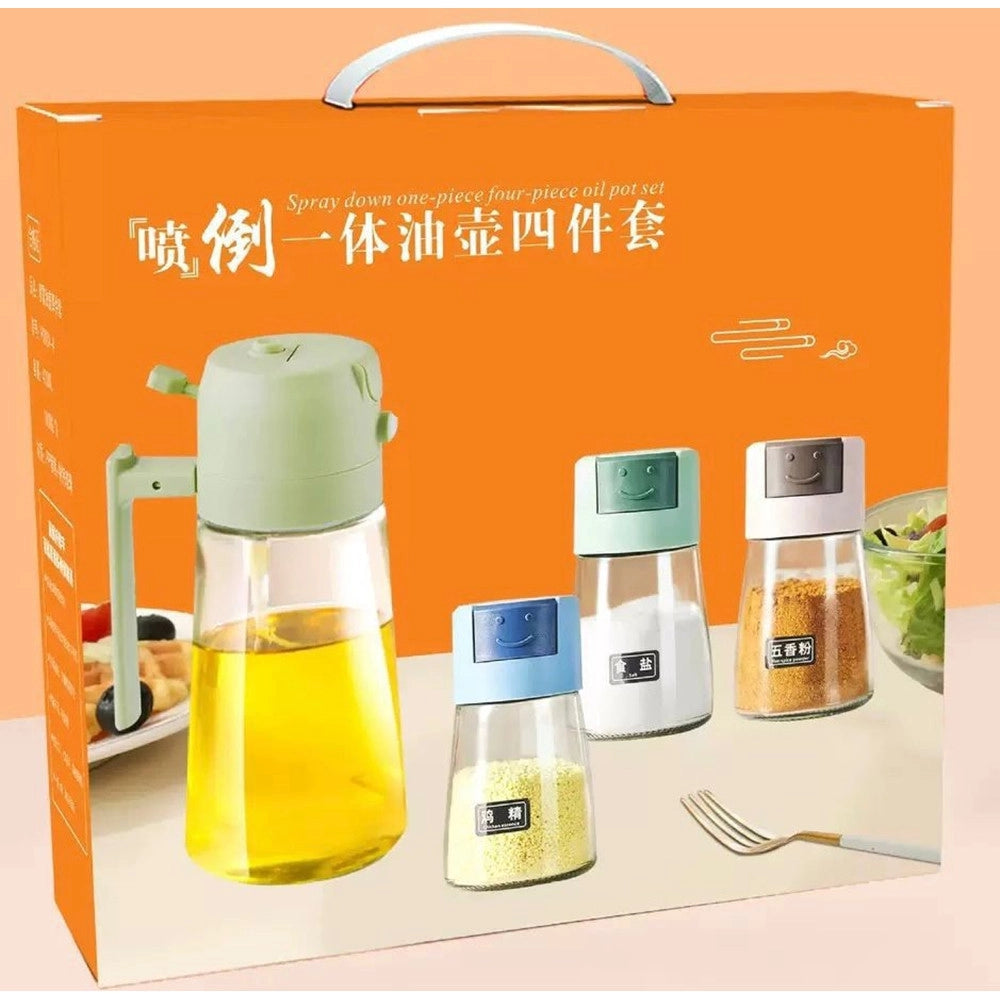 Trade Shop - Set Dispenser Dosatore 2 In 1 Oliera Spruzzatore Olio Con 3 Contenitori Condimenti Cucina -