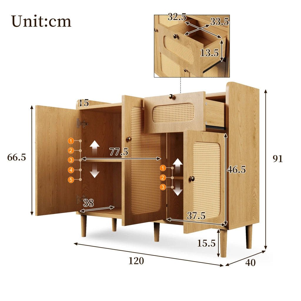 Credenza con 3 ante; 1 cassetto e ripiani regolabili; per soggiorno; in MDF; 120x40x91 cm; rovere