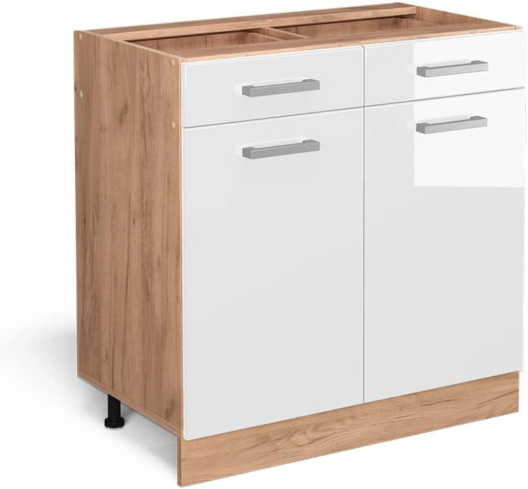 Mobiletto base per cucina R-Line, Bianco lucido, 80 cm senza piano di lavoro, per la libera combinazione all'interno di sistemi cucina modulari