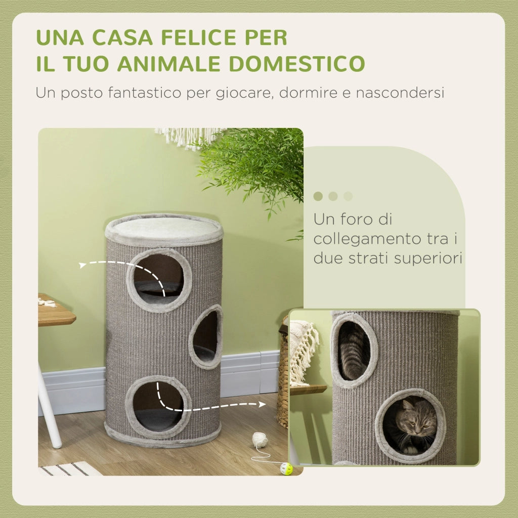 Cuccia per Gatti Tiragraffi 3 Ripiani Ø38x70 cm in Sisal e Peluche Grigio Chiaro