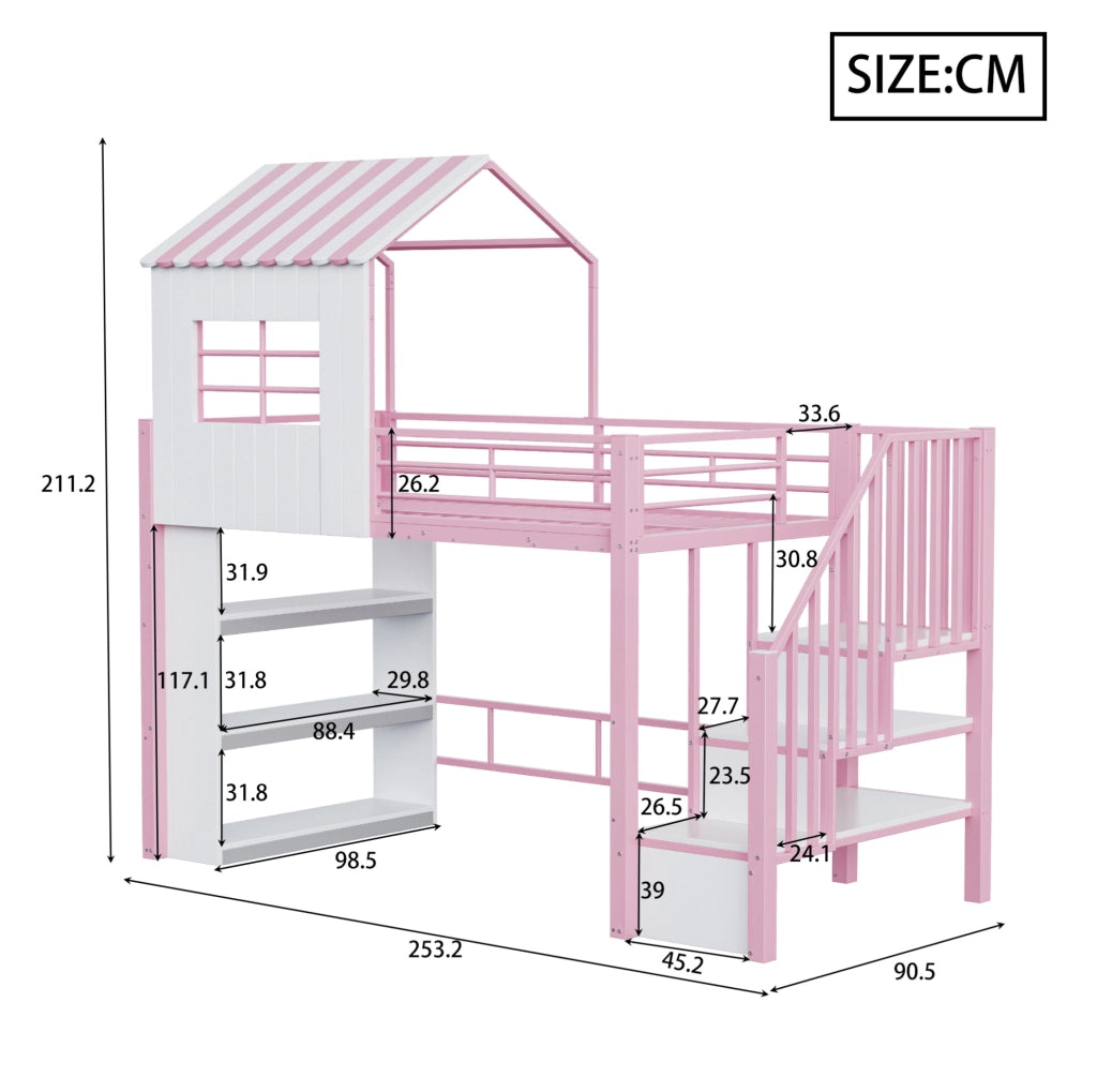Letto a soppalco multifunzione 90x200 cm con scala contenitore e ripiani; rosa