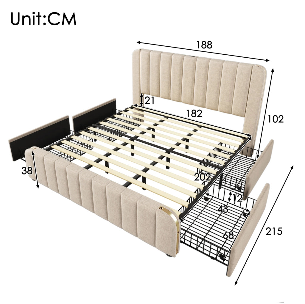 Letto matrimoniale imbottito ULEVR 180x200 cm con 4 cassetti, USB e Type-C, lino beige