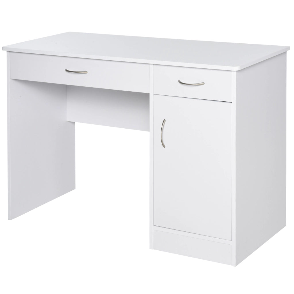 Scrivania Moderna per PC e Computer con 2 Cassetti e 1 Armadietto, Scrivania con Libreria Salvaspazio per Ufficio o Camera in Legno, Bianco