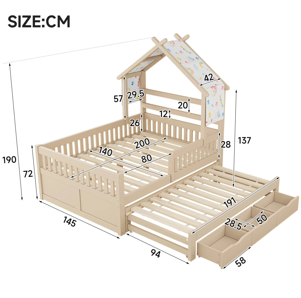 Letto a casetta 140x200 cm con letto estraibile; 3 cassetti e sponde di sicurezza; crema