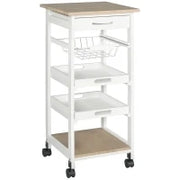 Carrello da Cucina Salvaspazio in Legno di Pino e MDF, Carrello Portaoggetti con Cassetto, Cestello, 2 Vassoi e 4 Ruote Universale, 37x37x82cm, Bianco