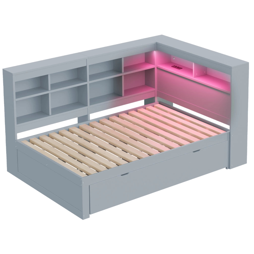 DESMIU Letto matrimoniale 140 × 200 cm 2 posti con USB, LED, ripiani e vani, senza materasso, in legno, grigio