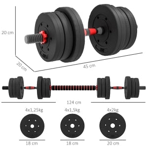 Set manubri 2 in 1 regolabile 20 kg, trasformabile in bilanciere con barra di prolunga, colore nero