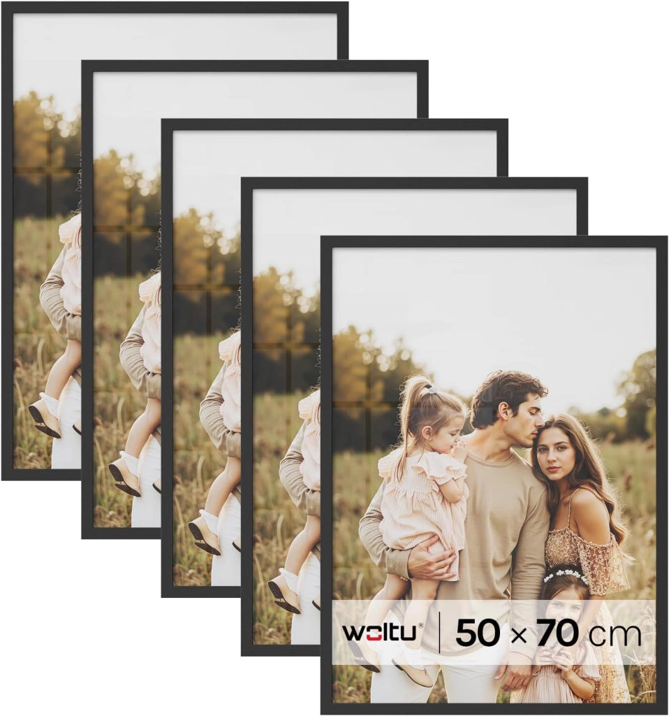 Set di 5 Cornici 50x70 cm con Passepartout, Portafoto in Orizzontale o Verticale, da Parete o Tavolo, in Legno MDF, Nero
