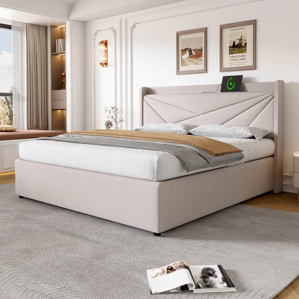 Letto matrimoniale contenitore 180x200 cm beige con USB e USB-C