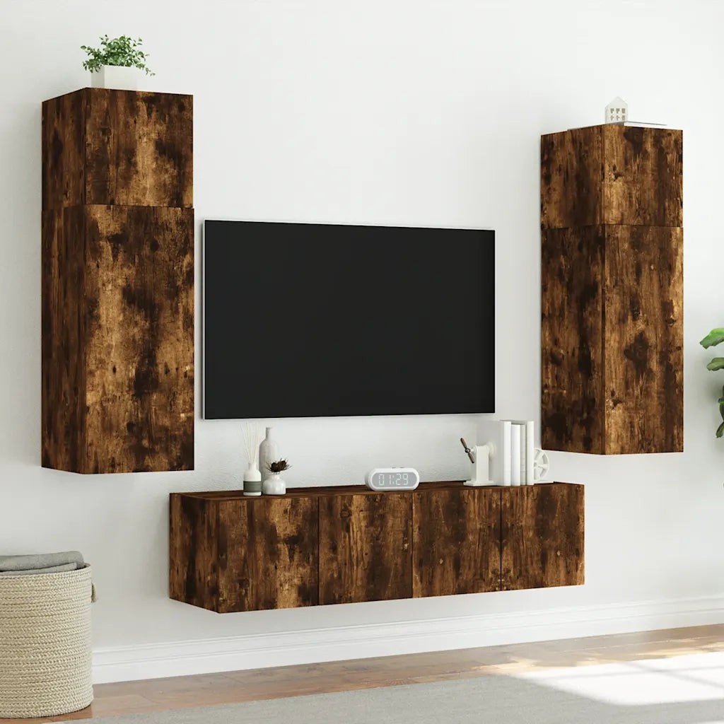Mobile TV a Parete | Armadietto TV | Mobile Porta TV con Luci LED Rovere Fumo 80x35x41 cm
