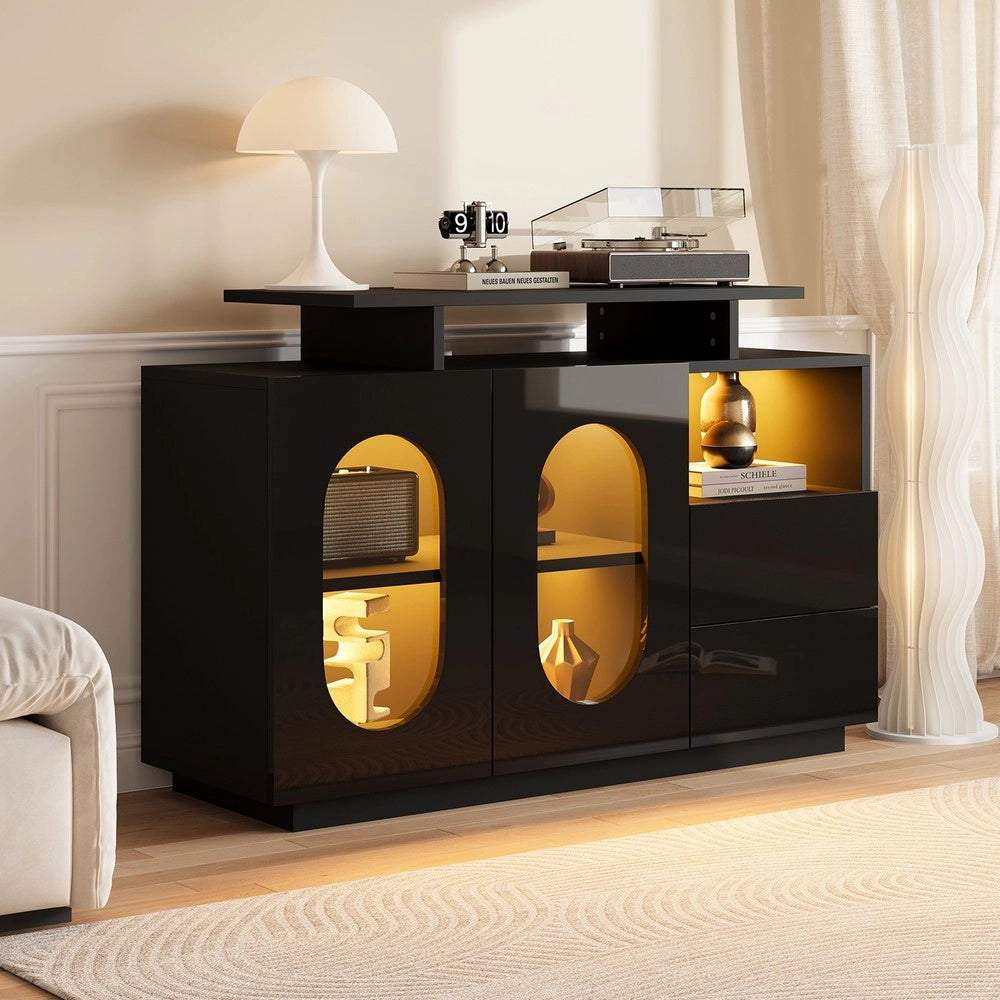 Credenza LED con Ante in Vetro ¨C MINIMAL ¨C Nero Lucido