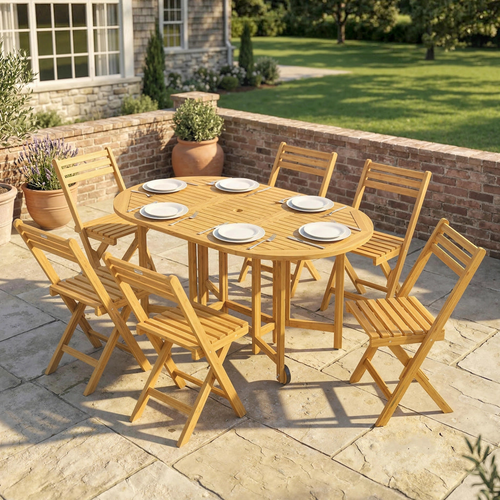 Set 7 Pezzi da Pranzo con Tavolo Estensibile a Ribalta 150x90x74 cm e 6 Sedie Pieghevoli in Legno Naturale