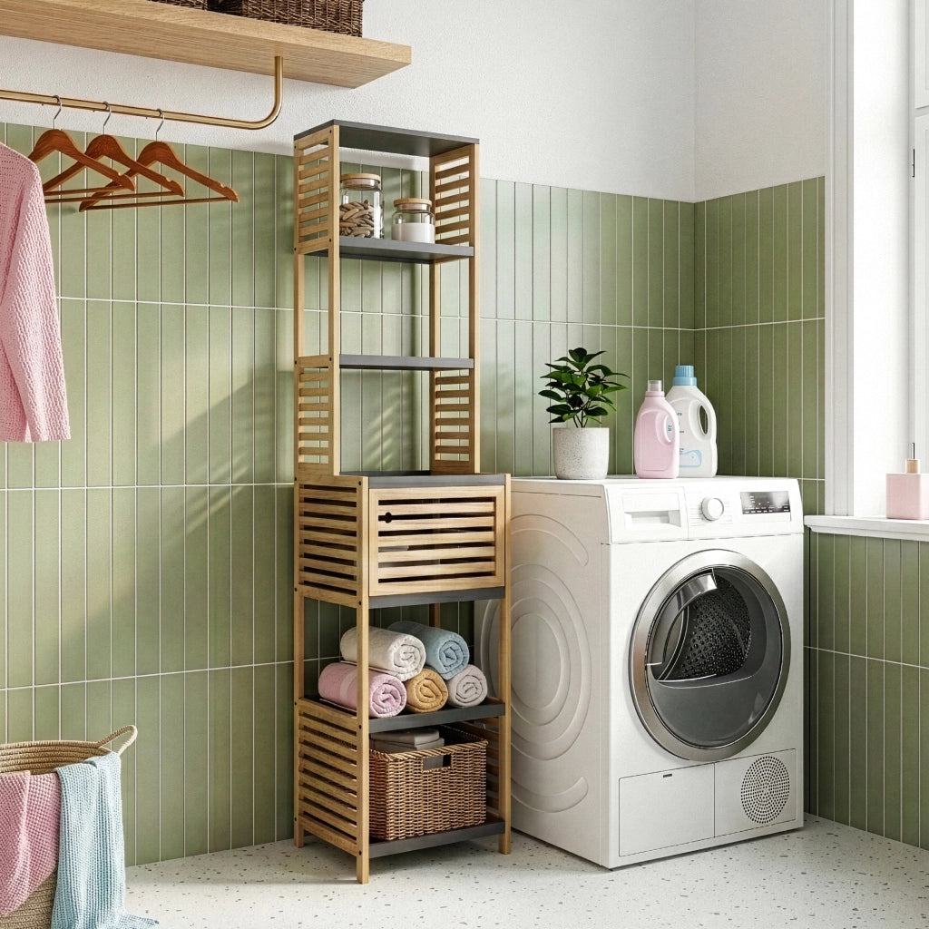 Scaffale da Bagno Kydesby in Bambù con 5 Ripiani Aperti e Scomparto ad Anta 170 x 39 x 30 cm - Naturale / Grigio [en.casa]