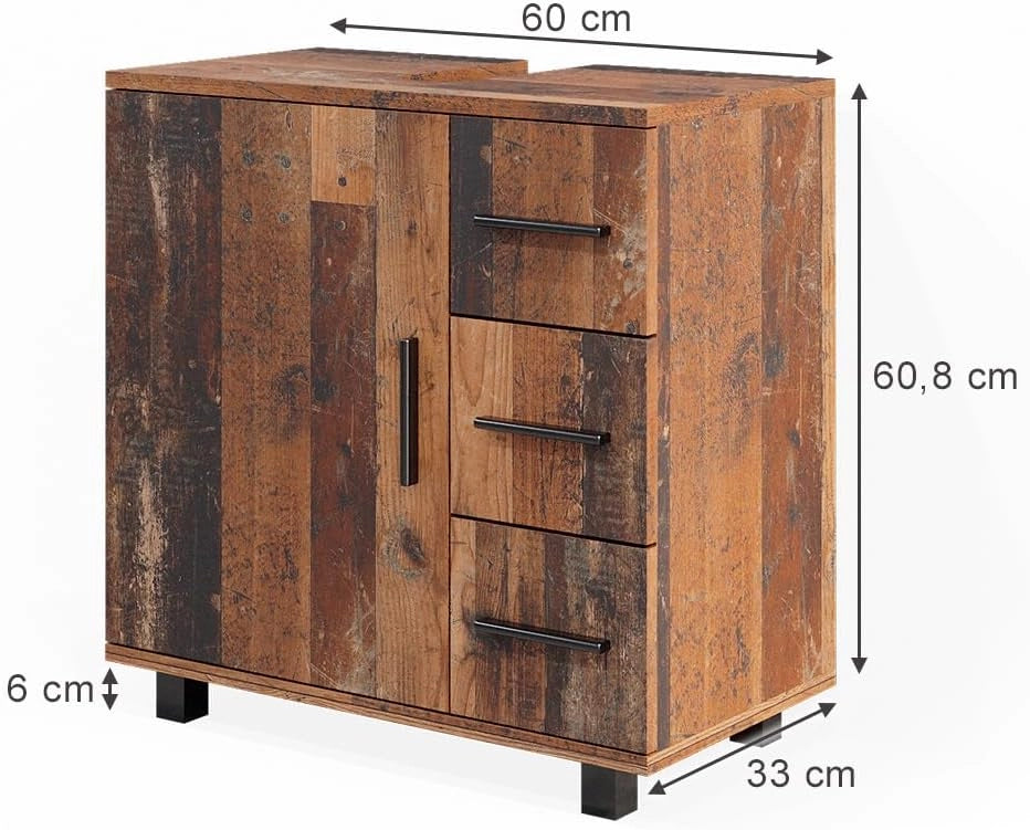Mobile sottolavabo per bagno Ilias, Rovere rustico, 60 x 60.8 cm con anta e 3 cassetti, con intaglio per sifone per l'installazione su lavabo