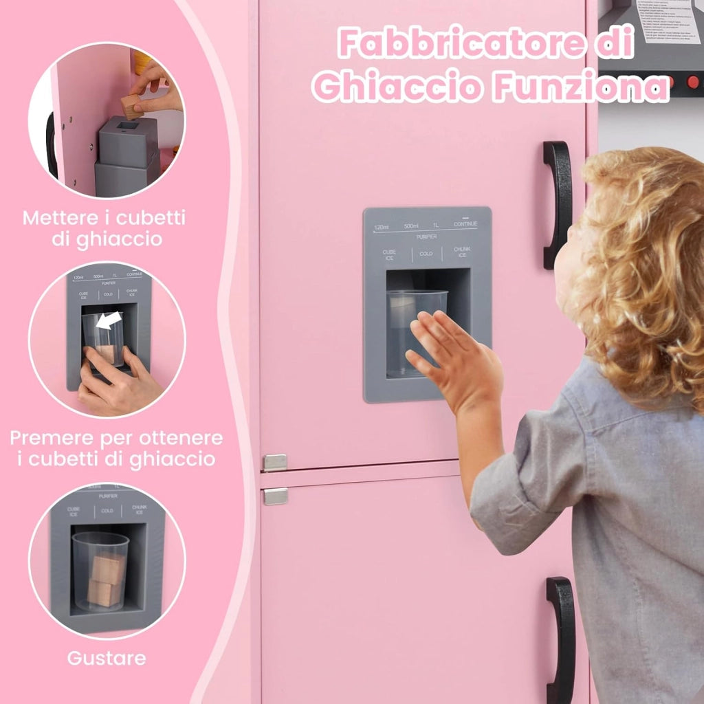 Set Gioco da Cucina per Bambini d'Angolo, Cucina Giocattolo in Legno con Macchina di Ghiaccio, Microonde, Lavatrice e Accessori, con Suoni e Luci, per Bambini 3-10 Anni (Rosa)