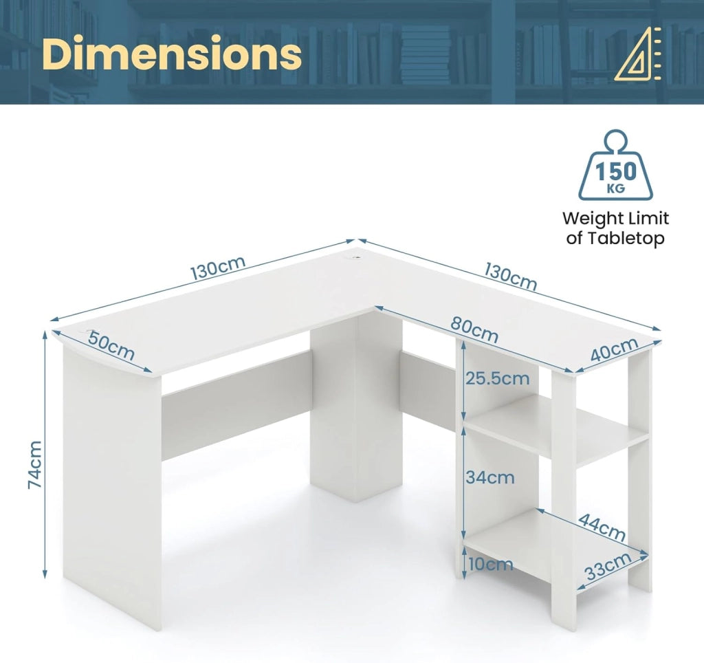 130 cm, scrivania a forma di L, moderna stile semplice scrivania con scaffalature, 2 fori di gestione dei cavi, design salvaspazio, scrivania angolare per casa, ufficio (bianco), FE43794