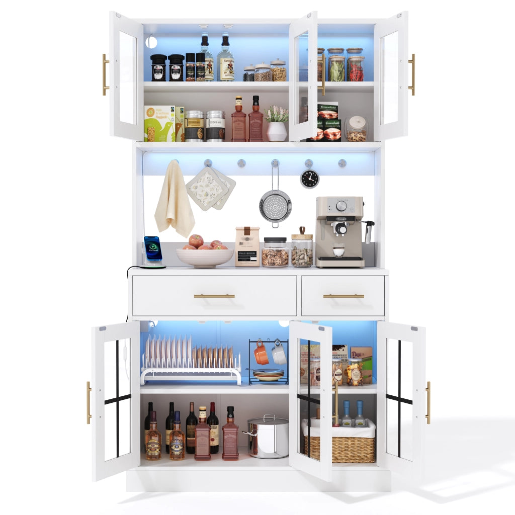 Credenza da cucina con LED smart, 2 cassetti, 3 ante e ripiani regolabili, bianco