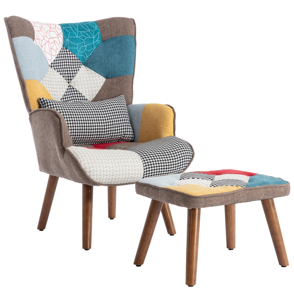 Set poltrona e poggiapiedi imbottiti con cuscino; design vivace e colori caldi