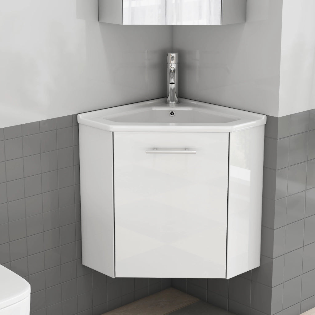 Mobile angolare da bagno con lavabo in ceramica lucida e paraspruzzi, completamente preassemblato per una facile installazione, lavabo angolare