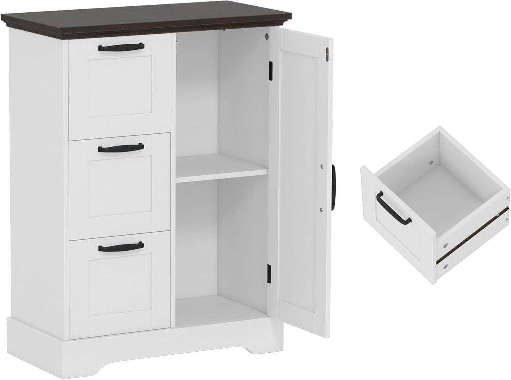 Credenza Cucina con 3 Cassetti e Armadio con Ante, Mobile Cucina Dispensa con Kit Antiribaltamento, Mobiletto Cucina, per Soggiorno, Sala da Pranzo, 60 x 30 x 80 cm (Bianco)