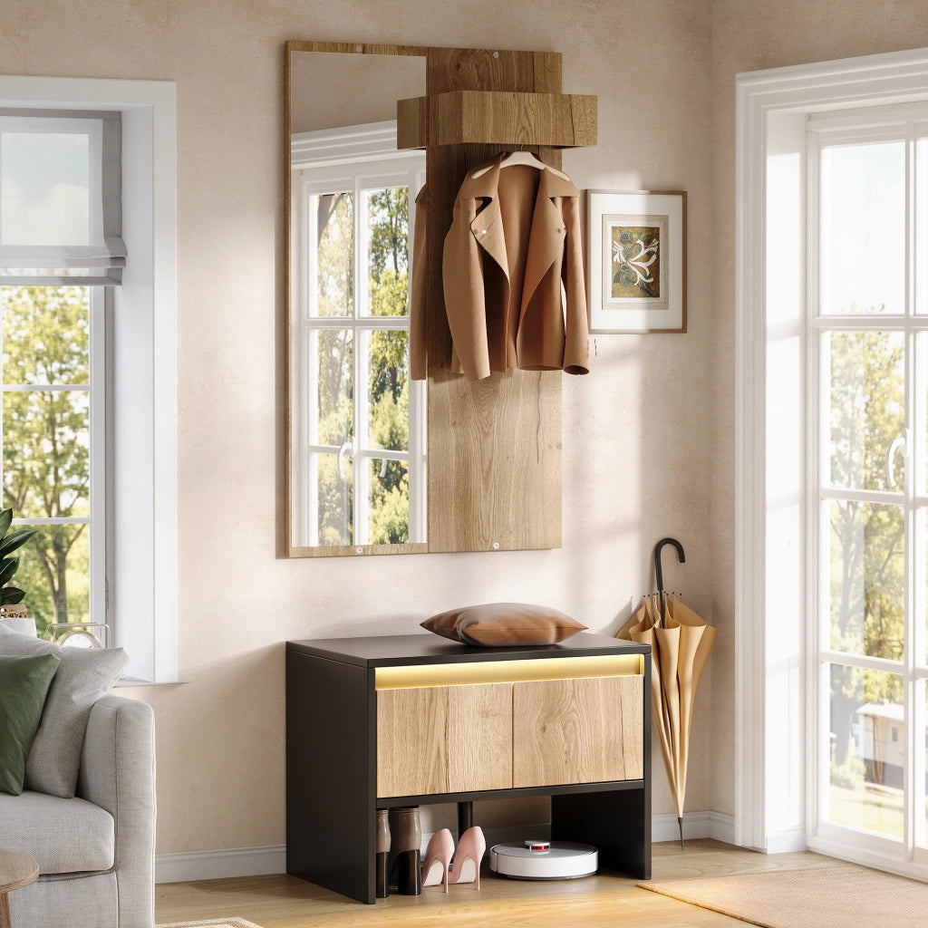 Set ingresso salvaspazio con appendiabiti, specchio, panca porta scarpe e 2 cassetti, colore naturale e nero, 60¡Á38¡Á145 cm