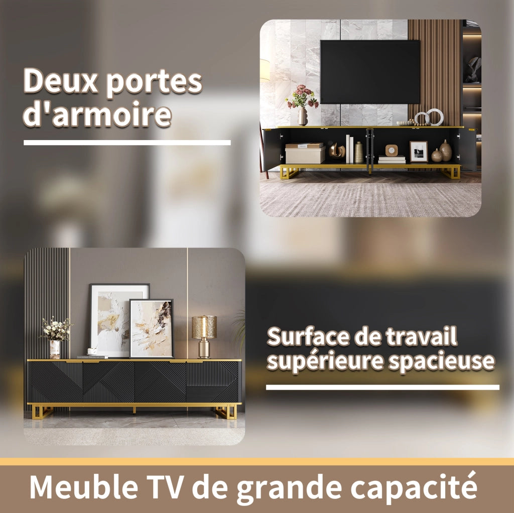 Mobile porta TV geometrico a quattro ante in MDF nero e oro con passacavi, 160 × 37,5 × 48 cm
