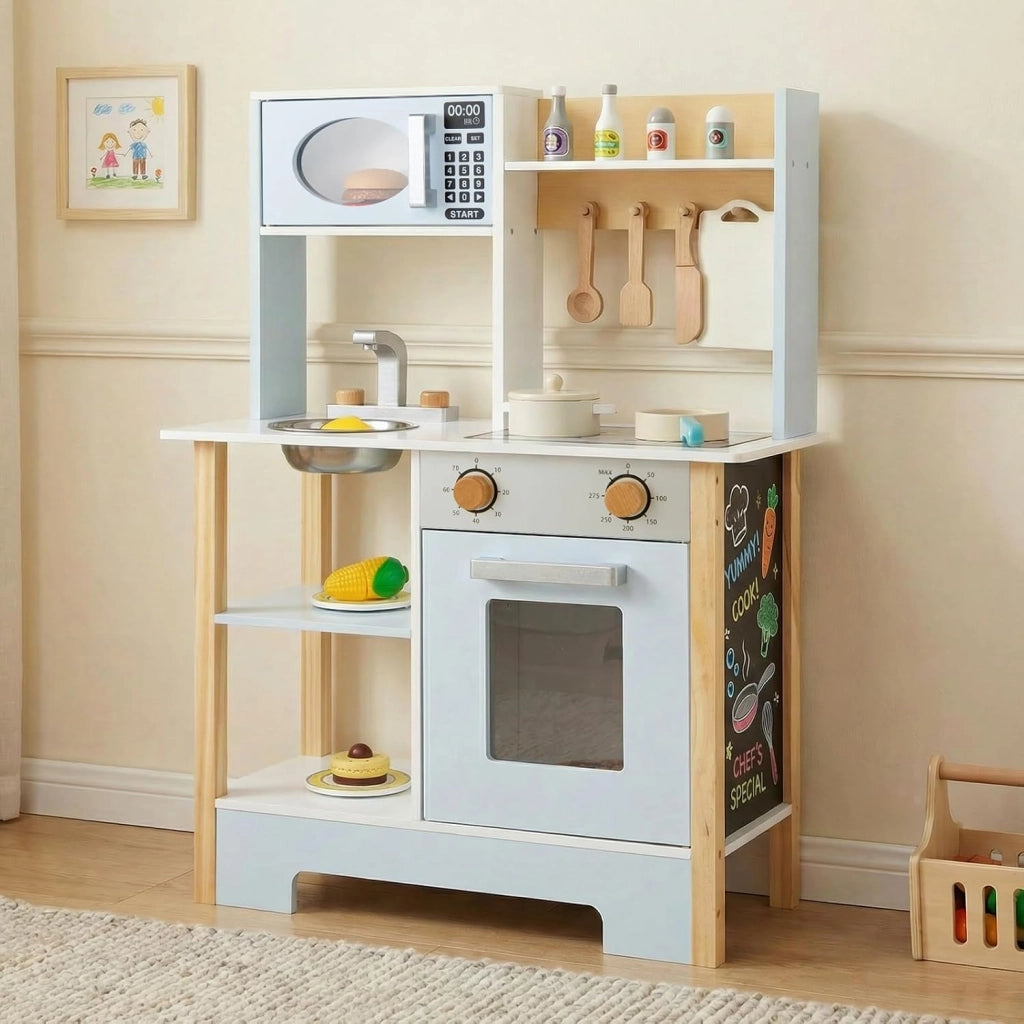 Cucina Giocattolo in Legno per Bambini, Set Cucina Gioco con Lavagna e Accessori Completi, Gioco di Finzione per Bambini 3+ Anni, 61,5 x 26 x 85 cm