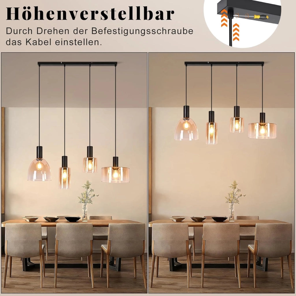 ZMH Lampada a Sospensione 4 Luci Vetro Ambra Industriale Altezza Regolabile per Soggiorno Sala da Pranzo Senza Lampadina