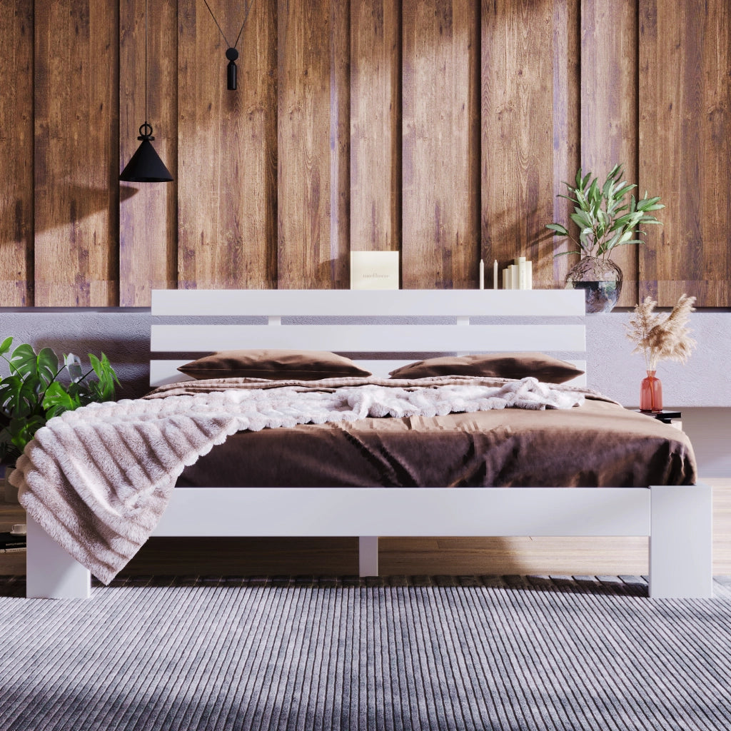 DESMIU Letto Matrimoniale 140 × 200 cm con testiera, senza materasso, in legno massiccio, bianco