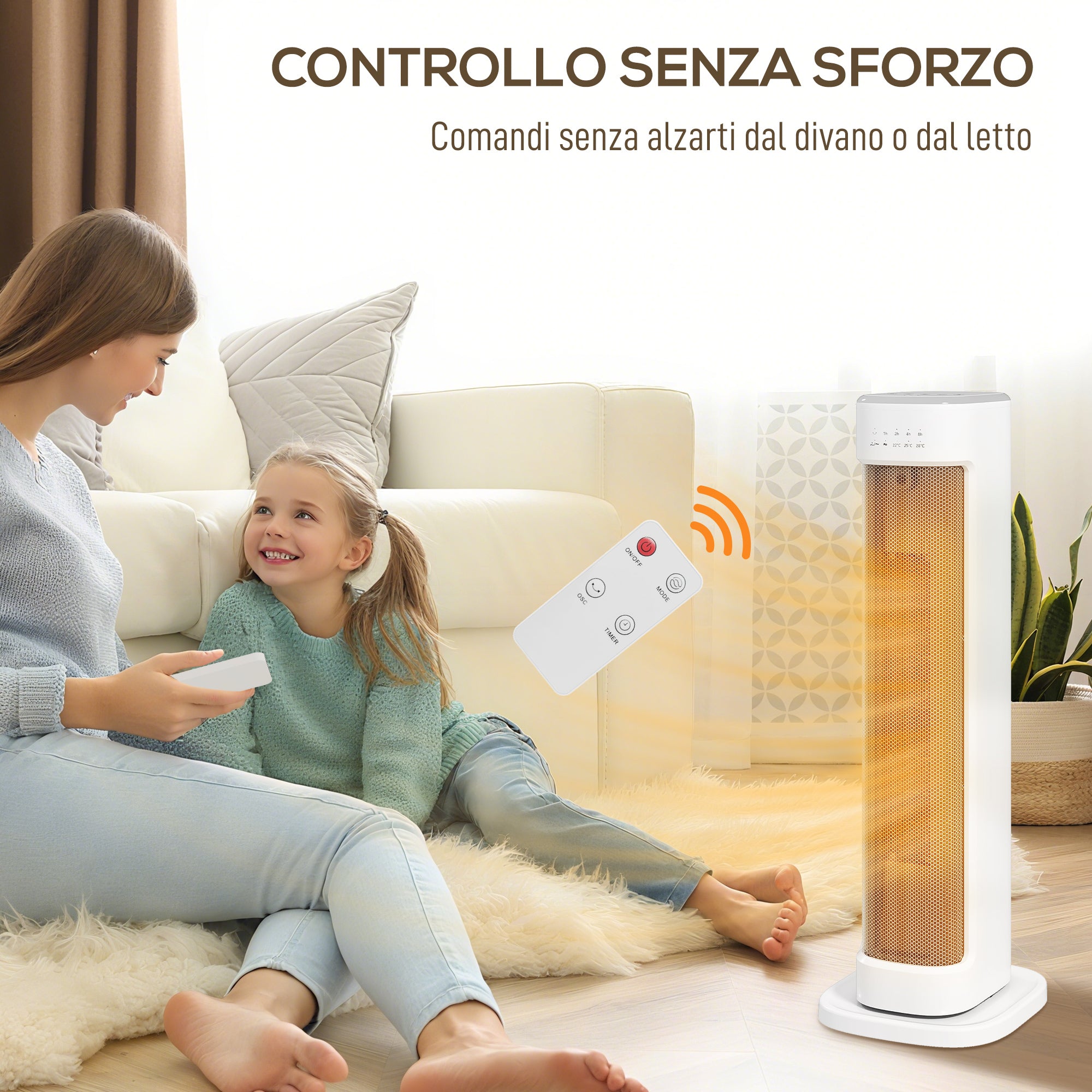 Termoventilatore Ceramico PTC 2000W con 3 Temperature Regolabili Timer e Telecomando Bianco