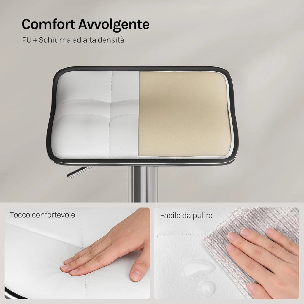 Sgabelli da Cucina/Bar Set di 4, Sedie da Bancone con Poggiapiedi, Altezza Regolabile, Girevoli a 360°, Rivestimenti in PU, Struttura in Metallo, Soggiorno, Bar, Caffè, Bianco
