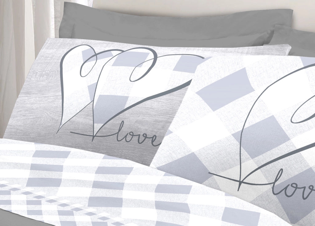 Completo Lenzuola Letto Pensieri Delicati 100% Cotone Dis.Lovely Check - Piazza E Mezza - Grigio