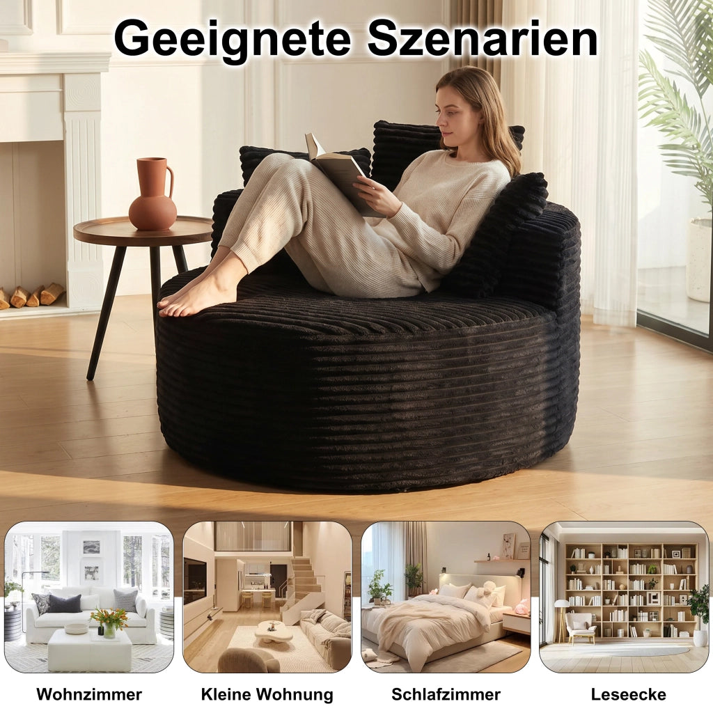 Fauteuil lounge rotondo con braccioli larghi e 3 cuscini, in velluto a coste e schiuma con molle nero 110 cm