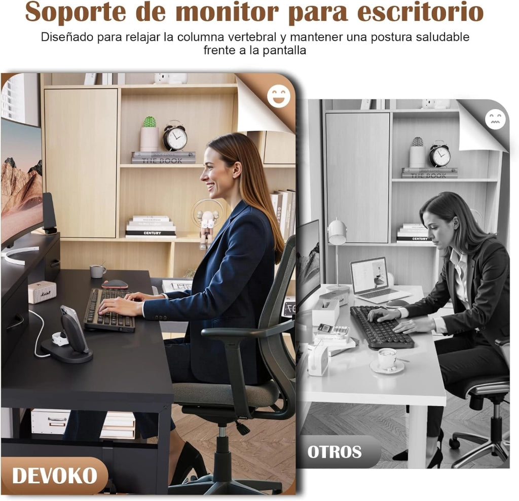 Scrivania Con Cassetti E Ripiano Reversibile, Scrivania Per Computer Con Contenitore, Supporto Per Monitor, Foro Per Cavi, 2 Ripiani Regolabili E Cassetto Inferiore, 120 X 50 Cm, Nero