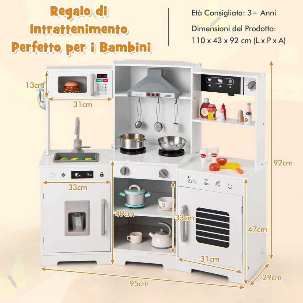 Cucina Giocattolo per Bambini, Cucina Legno per Bambini Con Forno, Microonde, Macchina del Ghiaccio, Macchina per Caffè, Lavello e Rubinetto, Con Suoni e Luci, per Bambini 3+ Anni (Bianco)