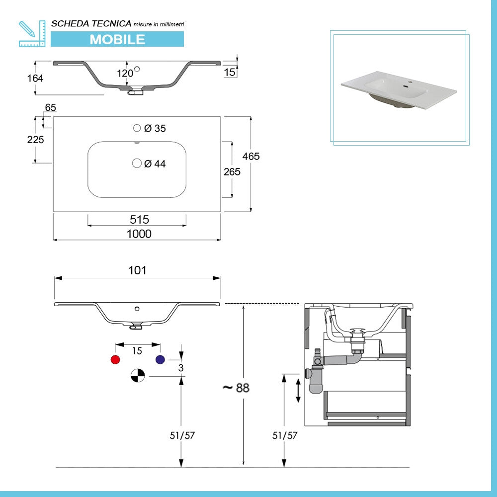Mobile bagno sospeso 90 cm azzurro con lavabo integrato e cassetto Nuvola