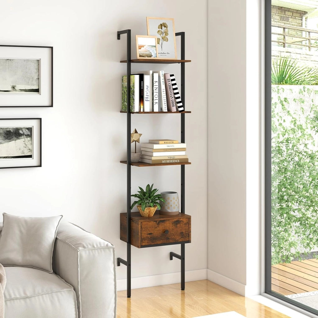 Scaffalatura Rustica a 4 Ripiani, 43 x 29,5 x 177,5 cm, con Telaio in Metallo, Sistema Anti-Ribaltamento e Cassetti, per Soggiorno e Ufficio, Marrone