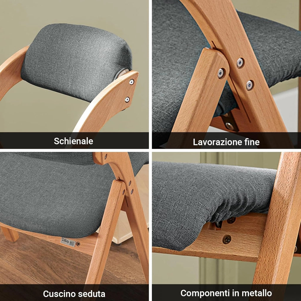 Sedia Pieghevole in Legno Set da 2 Poltrona Imbottita da Cucina, Sedie da Interno per Ufficio, Balcone, Giardino – Sedie Pieghevoli Salvaspazio Richiudibili in Faggio, Grigio Scuro FST92-SGx2