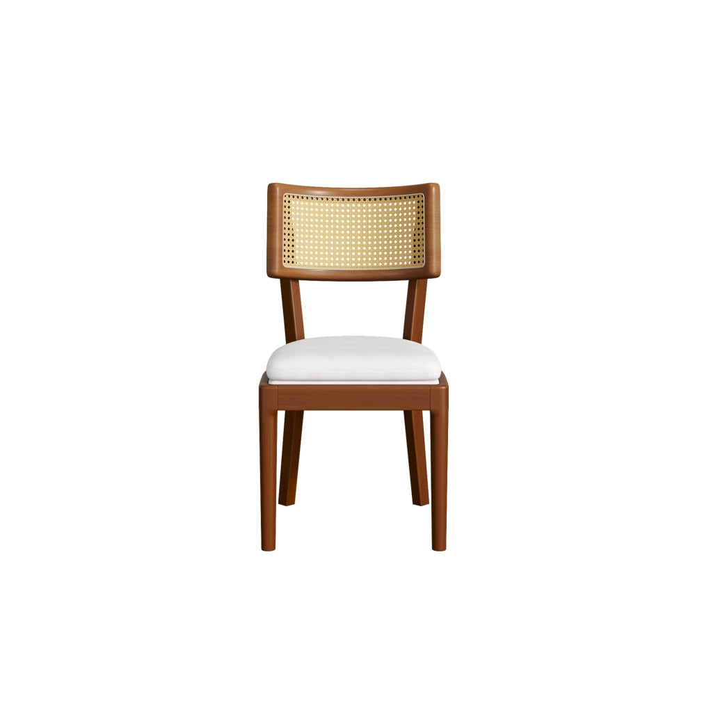 Set di 4 sedie da pranzo con schienale in rattan; cuscino in lino; legno; noce