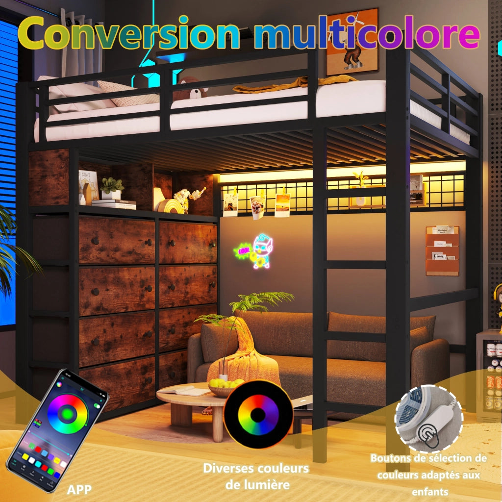 Letto a soppalco in metallo con 8 cassetti, LED e scaffali, 140x200 cm, nero