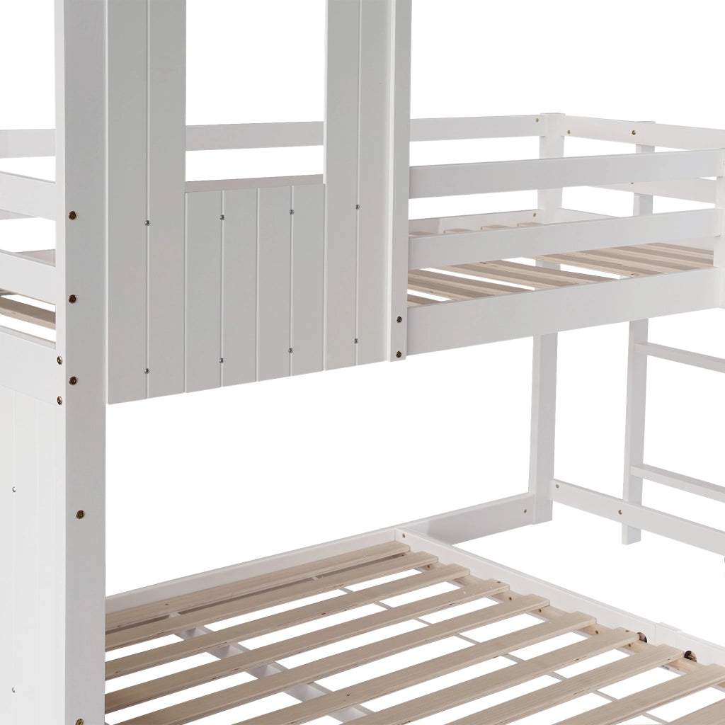 DESMIU Letto a castello casetta 140 × 200 cm e 90 × 200 cm con scivolo, scala, senza materasso, bianco