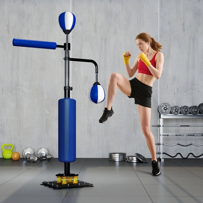 Supporto per boxe, due speedball, barra girevole per boxe, cuscinetti per calci, altezza regolabile, acciaio, 107 x 36 x 140-205 cm, blu