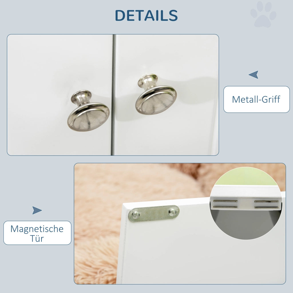 Mangiatoia per cani rialzata con 2 ciotole in acciaio inox, vano da 44 L, porte magnetiche bianca