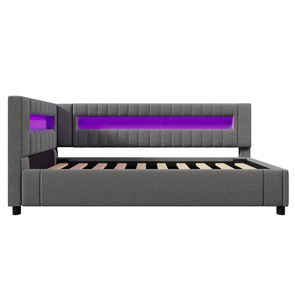 Daybed in lino grigio 90x200 LED a piè letto sollevamento idraulico USB/Type-C