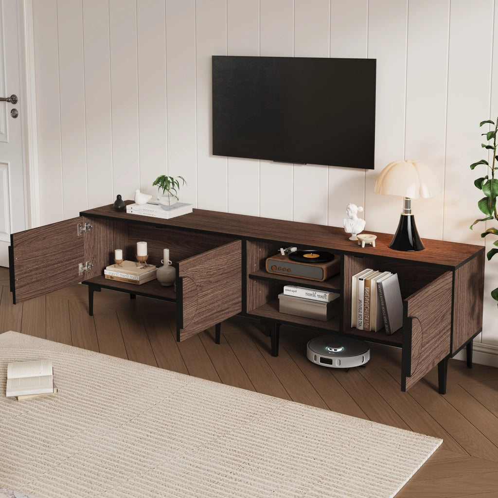 Mobile porta TV con 3 ante e 2 vani aperti per soggiorno in truciolato nero e noce scuro 180 × 35 × 49 cm