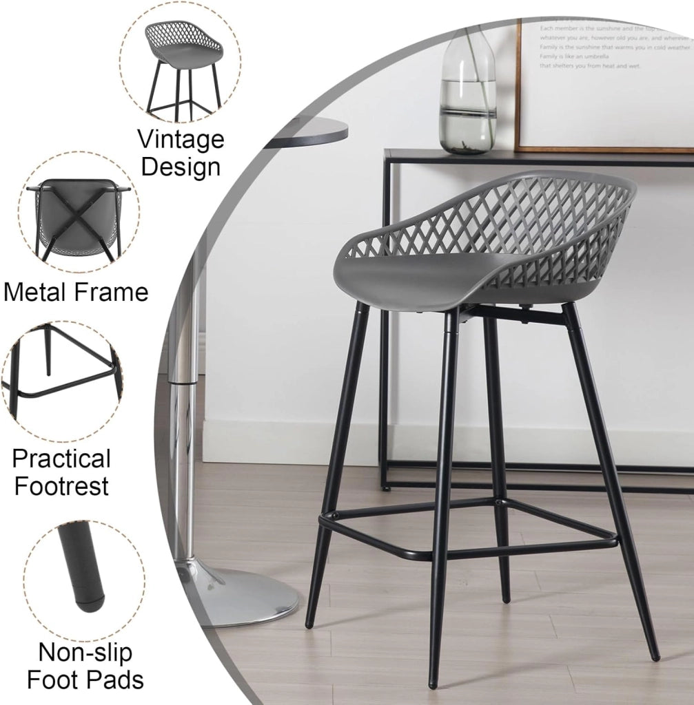 Sgabelli da Bar Set di 4, Sgabelli da Bar per Colazione, Sgabelli da Cucina con Poggiapiedi e Schienale, Sgabelli Alto con Seduta in Plastica, Grigio, BH417gr-4