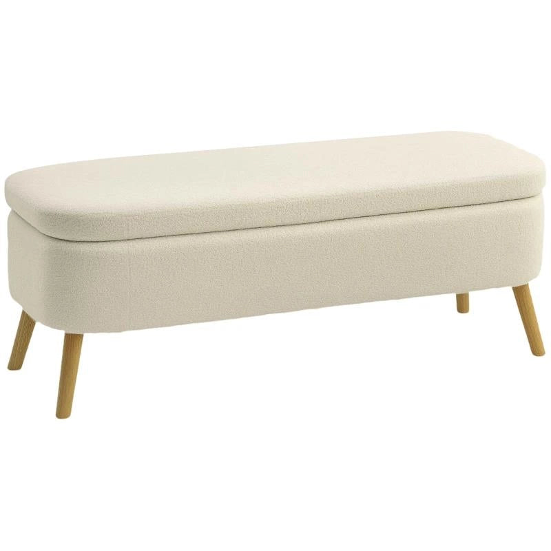PANCA CONTENITORE DA 65L IN TESSUTO TEDDY E GAMBE IN LEGNO, 120X42X45 CM, BEIGE