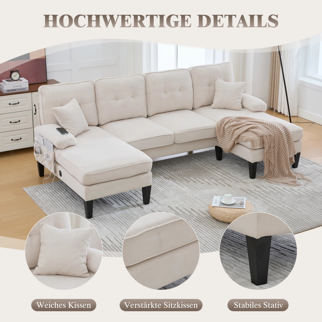 Divano panoramico a U 4 posti con tasche laterali, ricarica USB e struttura stabile in tessuto di lino beige