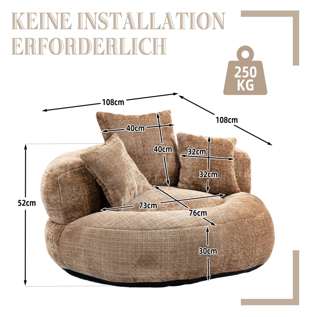 Poltrona lounge a sacco in chenille marrone; 108 x 108 x 52 cm; con braccioli e schienale alto
