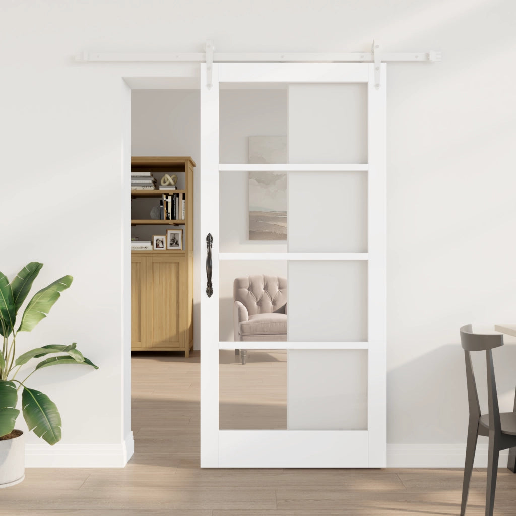 Set Porta Scorrevole  con Accessori Bianca 93x202 cm Legno Massello Pino